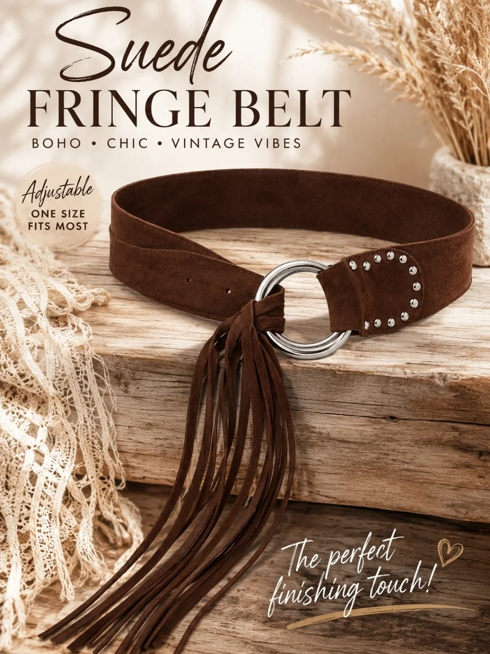 Faux Suede Fringe Belt - Brown Faux Suede Boho Belt